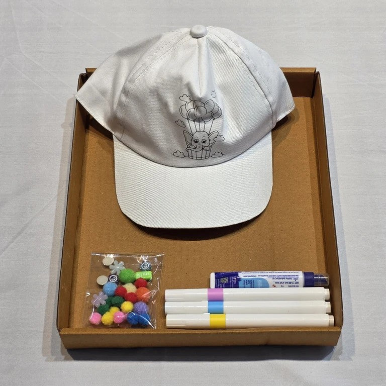 DIY Cap Decor Kit with elephant Design, White cap