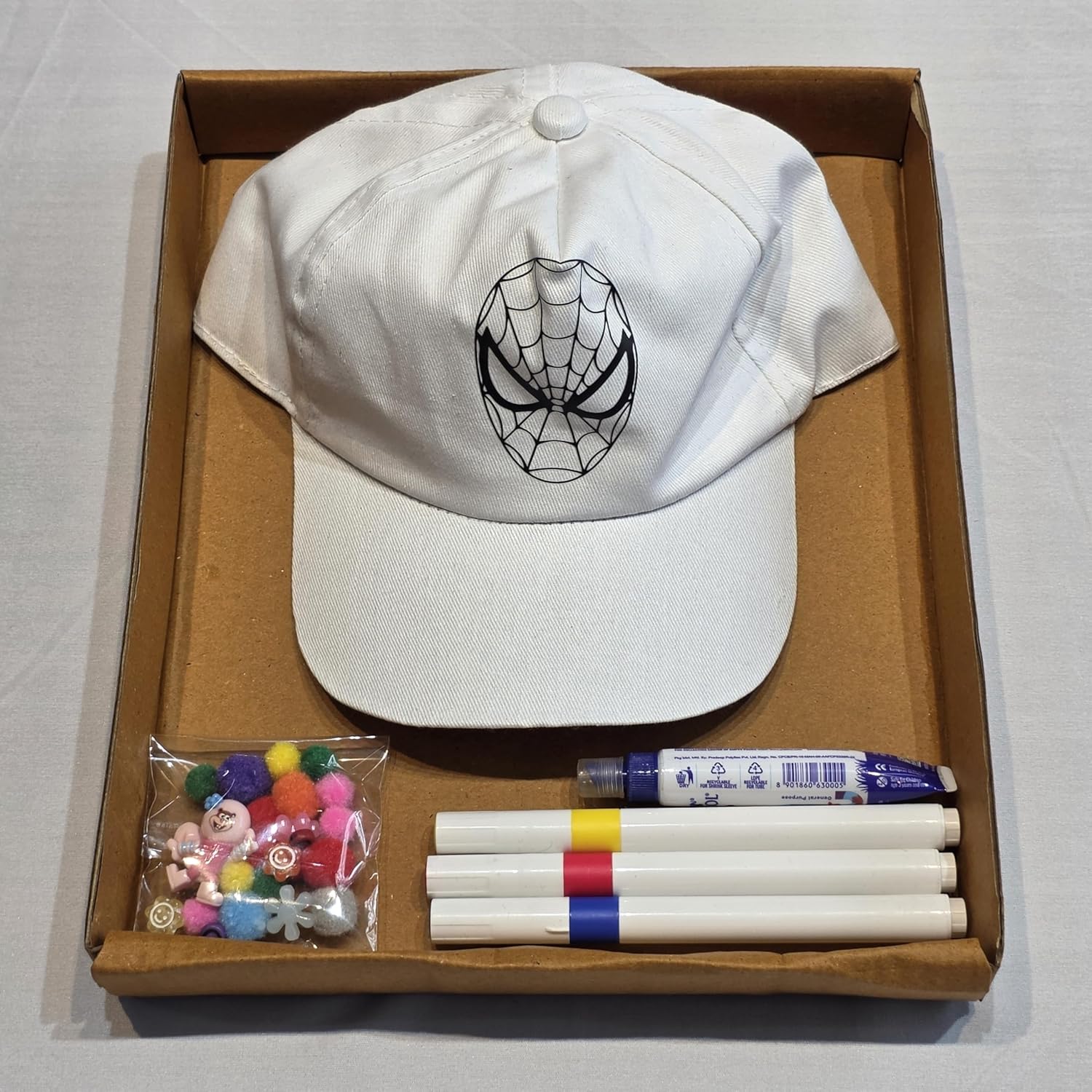 DIY Cap Decor Kit with Spider-Man Design, White, Craft Material