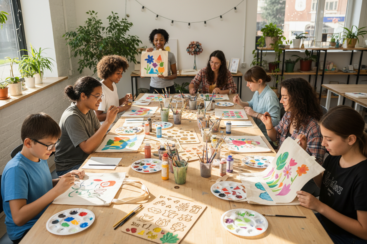 people doing tote bag painting
