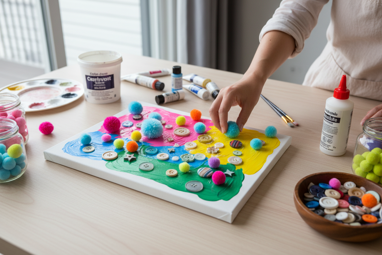 pom pom art provide color the canvas add pom pom button